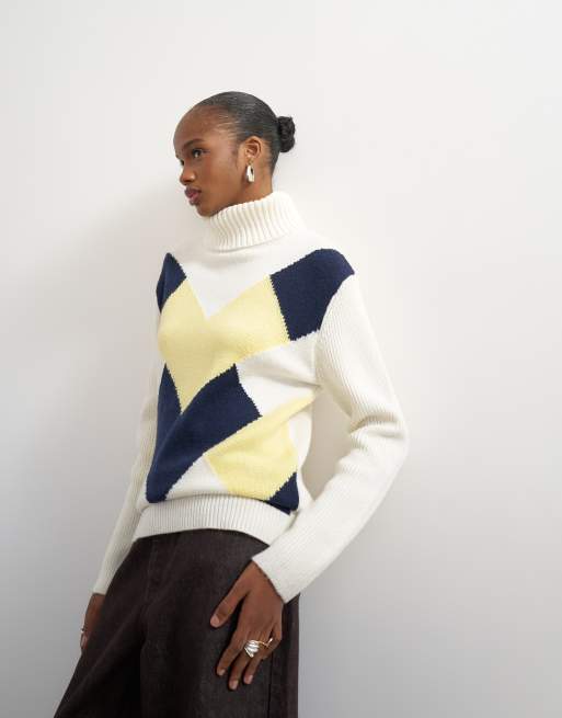 Topshop knitted high roll neck wool blend intarsia chevron jumper in ivory, 4 of 4