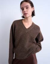 Topshop knitted high v horizontal stitch jumper in brown