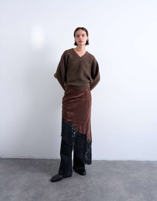 Topshop knitted high v horizontal stitch jumper in brown, 2 of 4