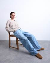 Topshop knitted high v horizontal stitch jumper in oat
