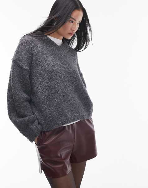 Topshop knitted high v-neck boucle jumper in charcoal - view 1