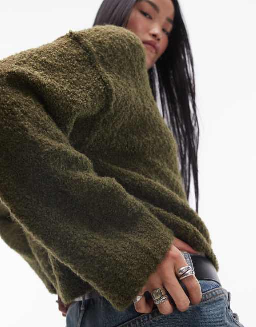 Topshop knitted high v-neck boucle jumper in khaki, 2 of 4