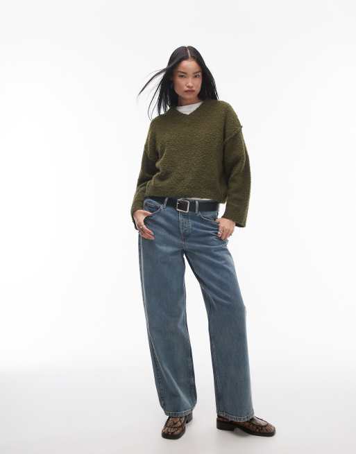Topshop knitted high v-neck boucle jumper in khaki, 3 of 4