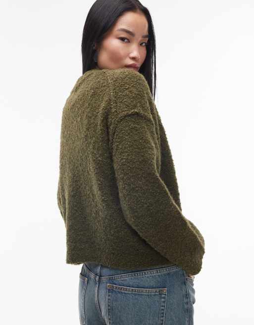 Topshop knitted high v-neck boucle jumper in khaki, 4 of 4