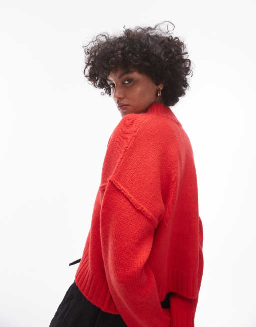 Topshop knitted high v-neck clean jumper in red, 2 of 4