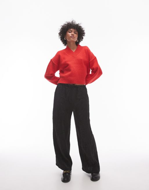 Topshop knitted high v-neck clean jumper in red, 4 of 4