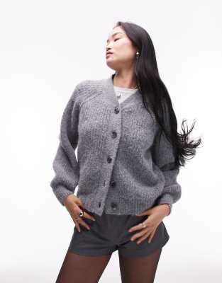 Topshop Knitted High V-neck Fluffy Cardigan In Charcoal-gray