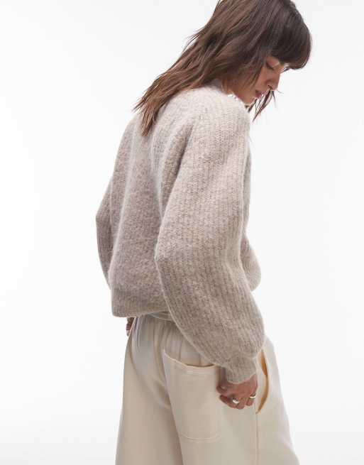 Topshop knitted high v-neck fluffy cardigan in oat, 2 of 4