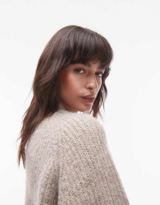 Topshop knitted high v-neck fluffy cardigan in oat, 4 of 4