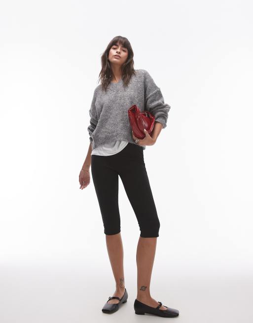 Topshop knit high V-neck fluffy sweater in gray