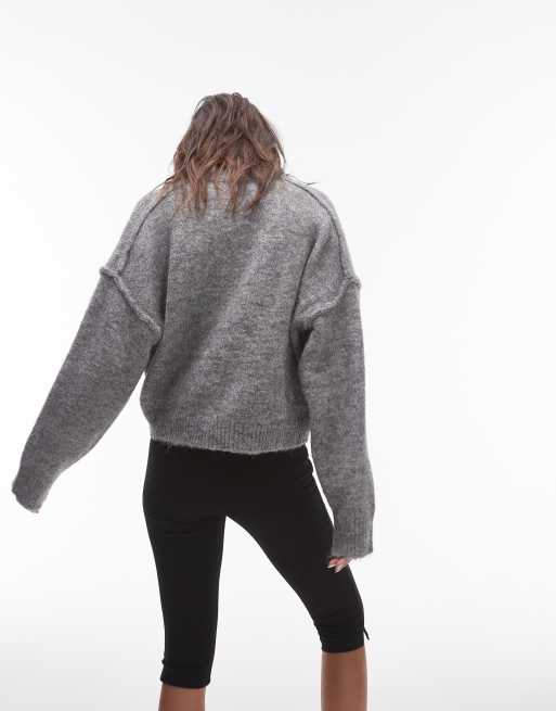 Topshop knit high V-neck fluffy sweater in gray