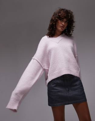 Topshop Knitted High V-neck Fluffy Sweater In Lilac-purple