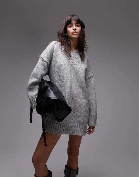 Topshop knitted high v-neck mini oversized dress in grey malonge