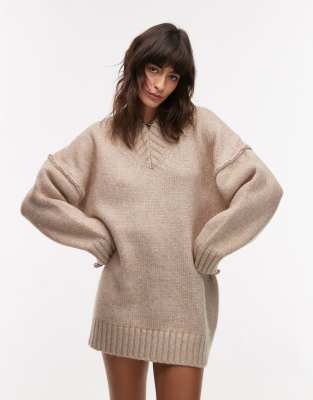 Topshop knitted high v-neck mini oversized dress in oat-Neutral