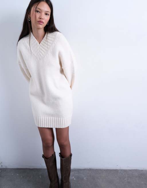 Topshop knitted high v-neck mini oversized jumper dress in ivory