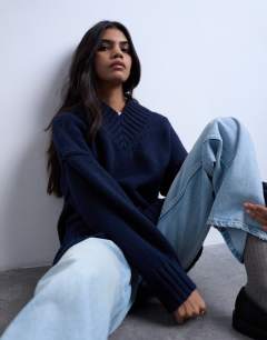 Knitted High V-Neck Oversized Longline Jumper in Navy