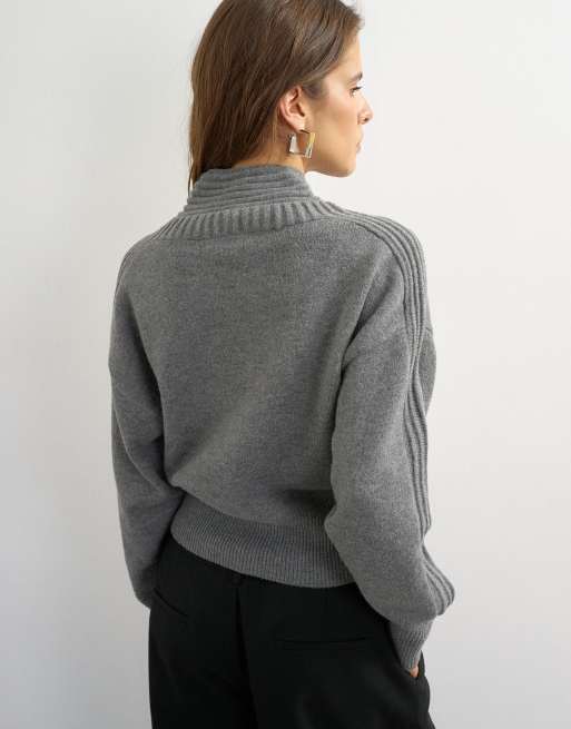 Topshop knitted high v ottoman stitch jumper in grey, 4 of 4
