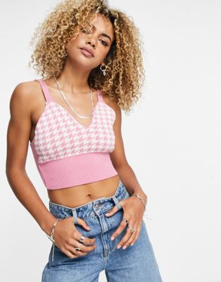 Topshop knitted houndstooth bralet in pink - ASOS Price Checker