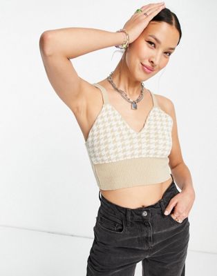 Topshop knitted houndstooth bralet in sand - ASOS Price Checker