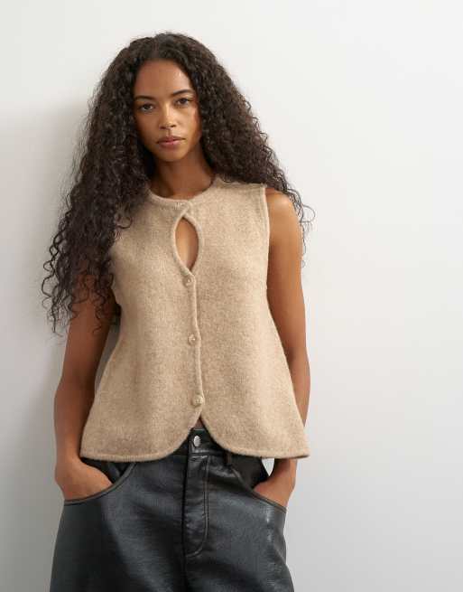 Topshop knitted key hole tank top in stone, 2 of 4