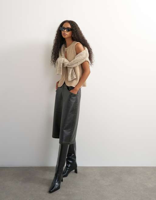 Topshop knitted key hole tank top in stone, 3 of 4