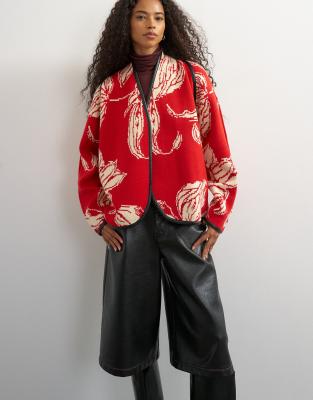Topshop Knitted Kimono Pu Trim Jacket In Red