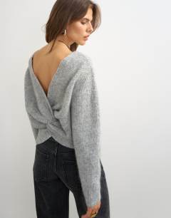 Knitted knot back detail jumper with wool in light grey