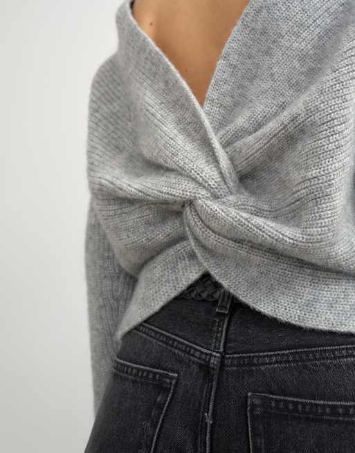 Topshop knitted knot back detail jumper with wool in light grey, 3 of 4