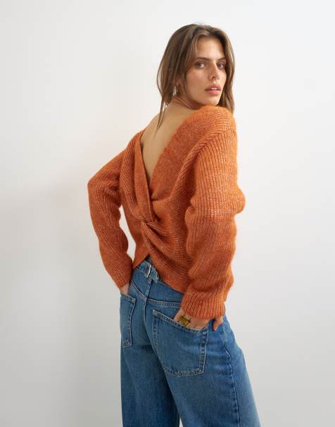Topshop knitted knot back detail jumper with wool in terracotta - view 1
