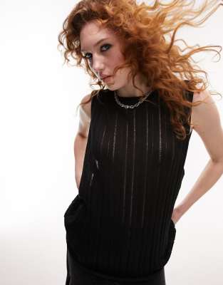 Topshop Knitted Ladder Tank Top In Black