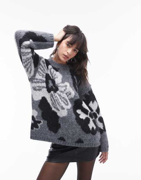 Topshop knitted large floral oversized sweater in gray - view 1
