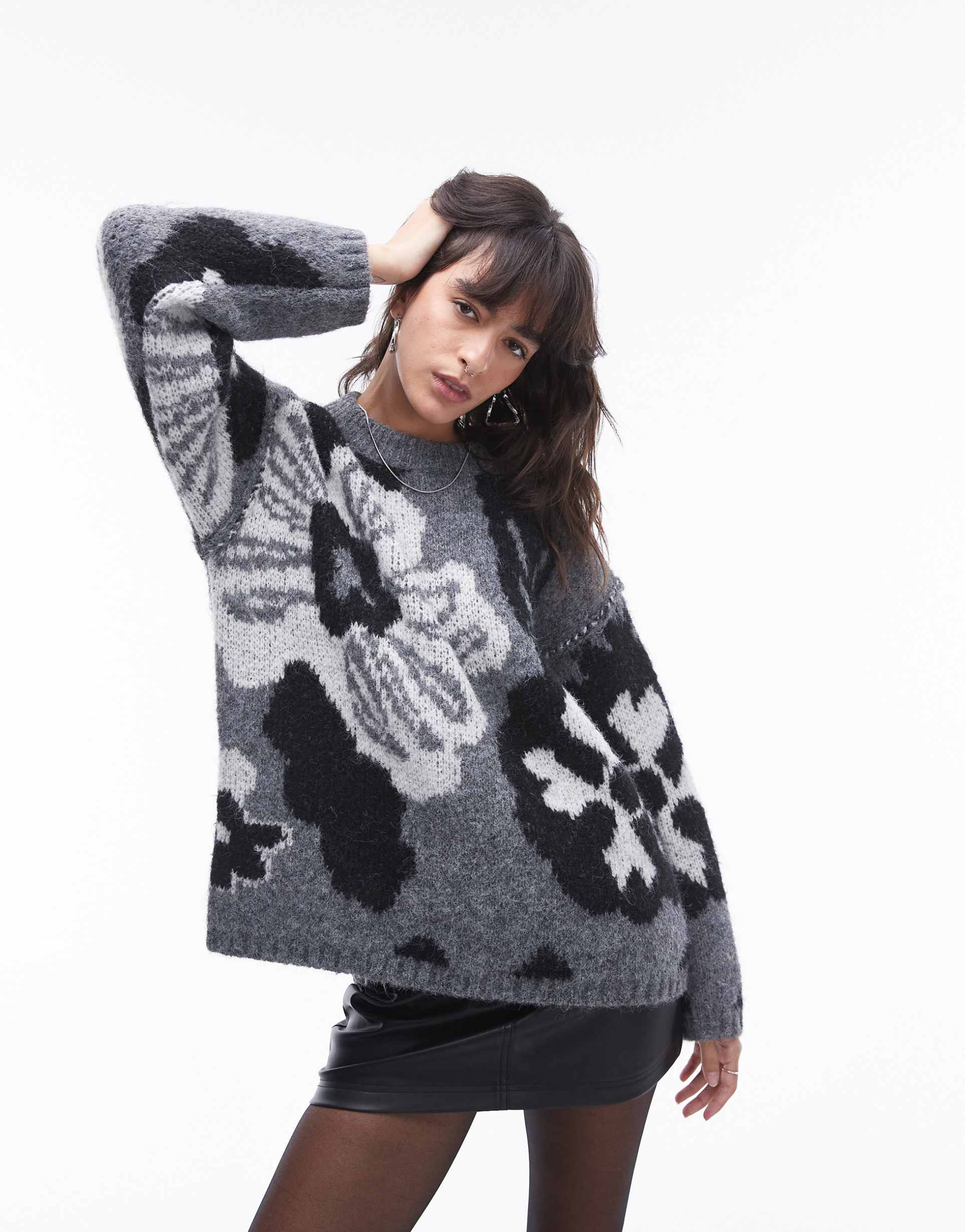 topshop knitted large floral oversized sweater in gray