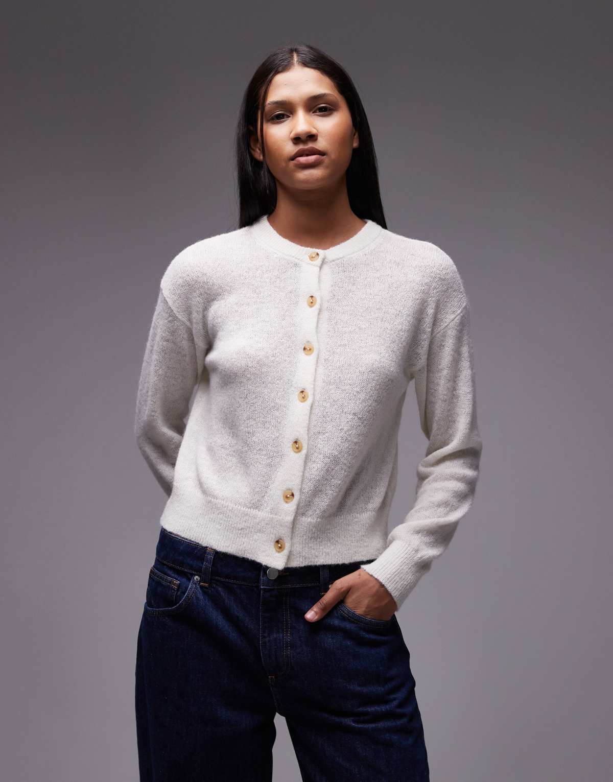 Topshop knitted lightweight crew cardigan in oat