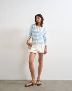 Knitted lightweight easy ribbed striped relaxed cardigan in blue and ecru