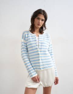 Model wearing Knitted lightweight easy ribbed striped relaxed cardigan in blue and ecru