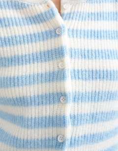 Model wearing Knitted lightweight easy ribbed striped relaxed cardigan in blue and ecru