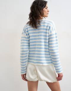 Model wearing Knitted lightweight easy ribbed striped relaxed cardigan in blue and ecru