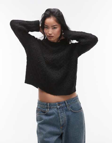 Topshop knitted lofty cable relaxed jumper in black