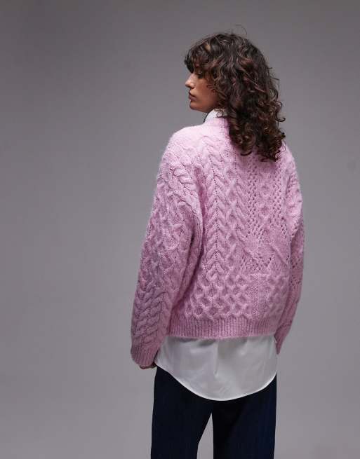 Topshop knitted lofty cable relaxed jumper in pink ASOS