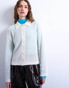 Knitted lofty collared cardigan in ecru