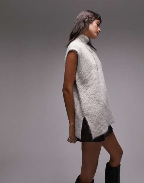 Topshop knitted long line fluffy tank in neutral - view 1