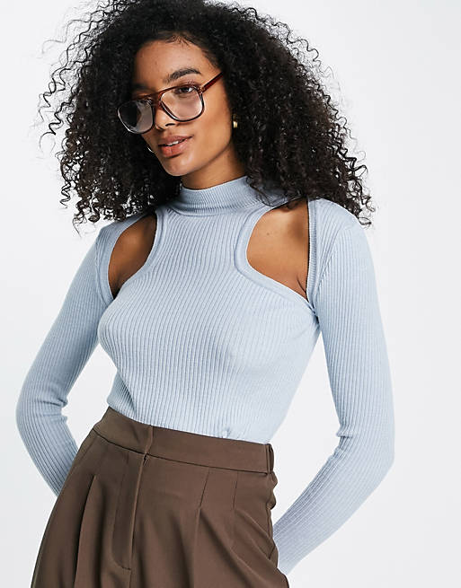 Tops Topshop knitted long sleeve cut out top in blue 