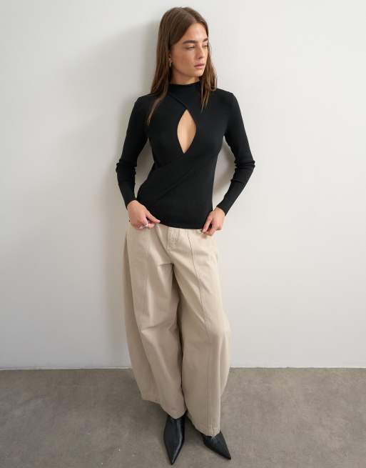 Topshop knitted long sleeve front drape keyhole top in black, 2 of 4