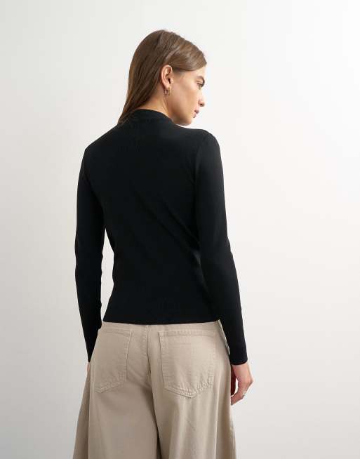 Topshop knitted long sleeve front drape keyhole top in black, 4 of 4