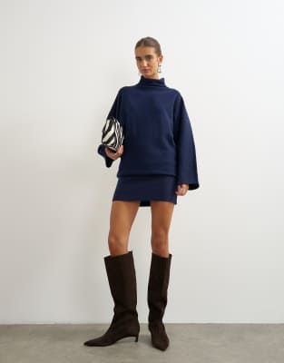 Topshop knitted long sleeve mini dress with wool in navy | ASOS