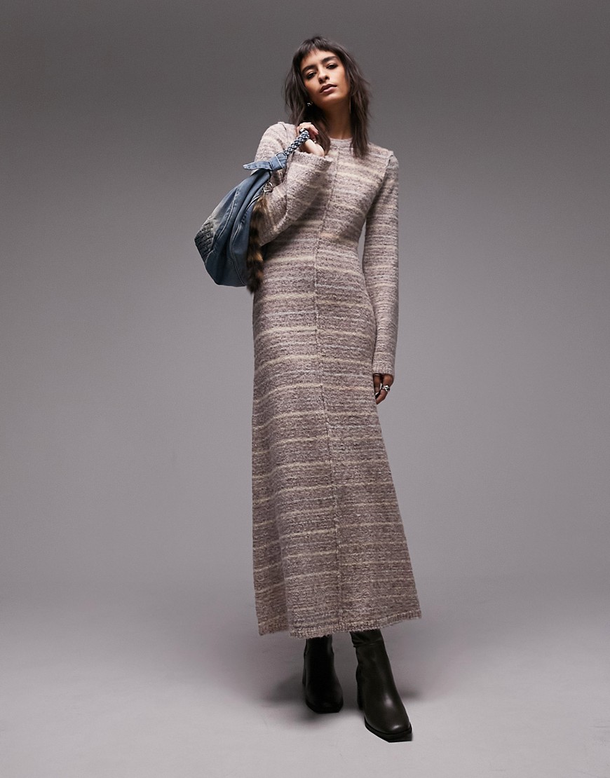 Topshop knitted long sleeve outside seam stripe space dye maxi dress in multi