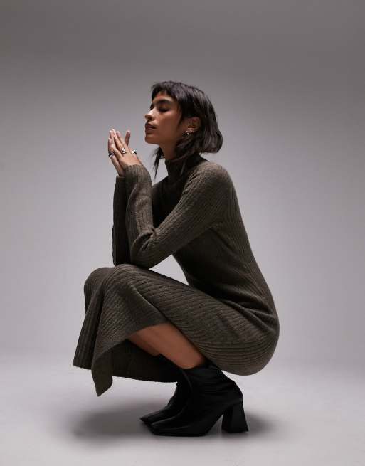 Topshop knitted long sleeve shaped funnel midi dress in charcoal