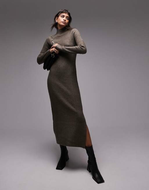 Topshop knitted long sleeve shaped funnel midi dress in charcoal