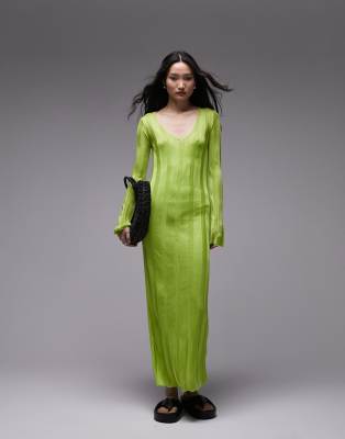 Topshop Knitted Long Sleeve Sheer Dress In Lime-green