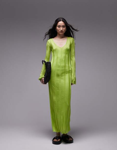 Topshop knitted long sleeve sheer dress in lime - view 1